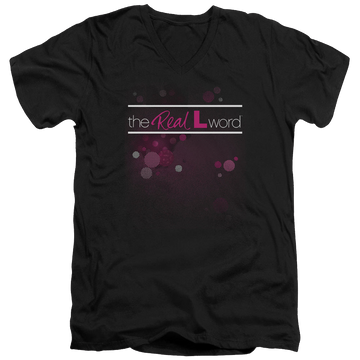 Black men's v-neck t-shirt with The Real L Word Flashy Logo graphic