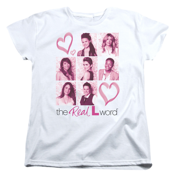 White women's t-shirt with The Real L Word Hearts graphic