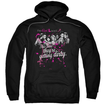 Black pullover hoodie with The Real L Word Dirty graphic