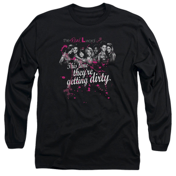 Black men's long sleeve t-shirt with The Real L Word Dirty graphic