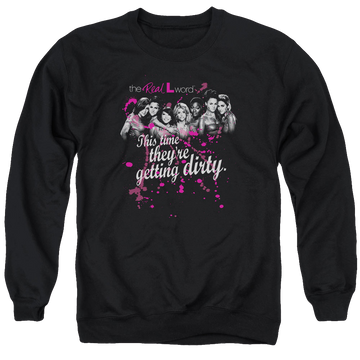 Black men's crewneck sweatshirt with The Real L Word Dirty graphic