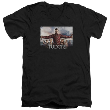 Black men's v-neck t-shirt with The Tudors The Final Seduction graphic