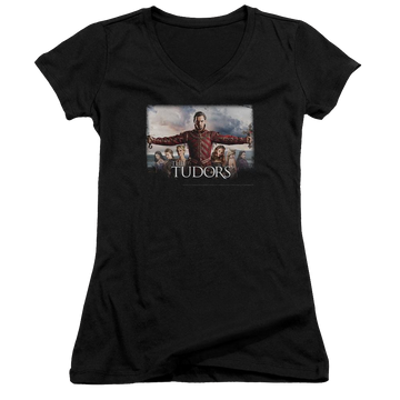 Black juniors v-neck t-shirt with The Tudors The Final Seduction graphic