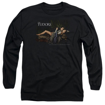 Black men's long sleeve t-shirt with The Tudors The King And His Queen graphic