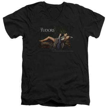 Black men's v-neck t-shirt with The Tudors The King And His Queen graphic