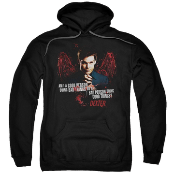 Black pullover hoodie with Dexter Good Bad graphic