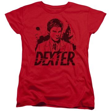 Red women's t-shirt with Dexter Splatter Dex graphic