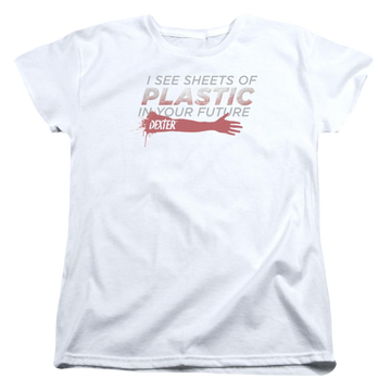 White women's t-shirt with Dexter Plastic Prediction graphic