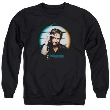 Black men's crewneck sweatshirt with Californication In Handcuffs graphic
