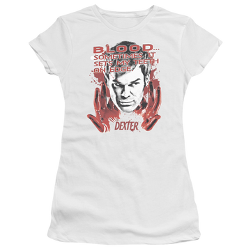 White juniors t-shirt with Dexter Blood graphic