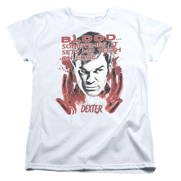 White women's t-shirt with Dexter Blood graphic