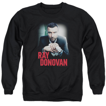 Black men's crewneck sweatshirt with Ray Donovan Clean Hands graphic