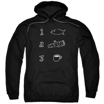 Black pullover hoodie with Twin Peaks Coffee Log Fish graphic