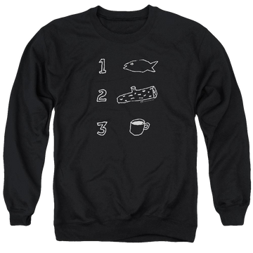 Black men's crewneck sweatshirt with Twin Peaks Coffee Log Fish graphic