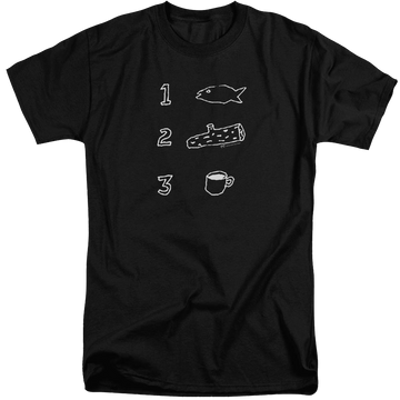 Black men's tall fit t-shirt with Twin Peaks Coffee Log Fish graphic