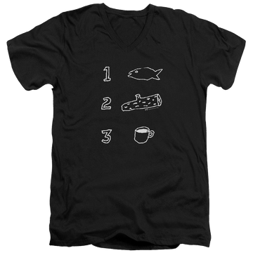 Black men's v-neck t-shirt with Twin Peaks Coffee Log Fish graphic