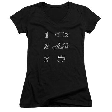 Black juniors v-neck t-shirt with Twin Peaks Coffee Log Fish graphic