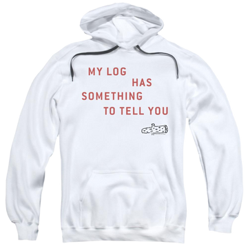 White pullover hoodie with Twin Peaks My Log graphic