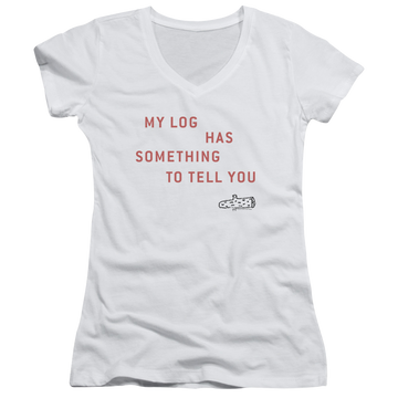 White juniors v-neck t-shirt with Twin Peaks My Log graphic