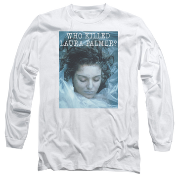 White men's long sleeve t-shirt with Twin Peaks Who Killed Laura graphic