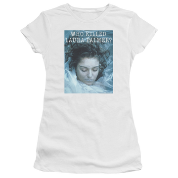 White juniors t-shirt with Twin Peaks Who Killed Laura graphic