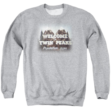 Athletic heather men's crewneck sweatshirt with Twin Peaks Welcome To graphic