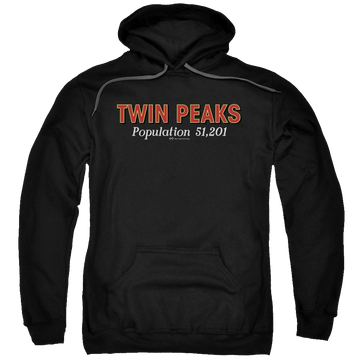 Black pullover hoodie with Twin Peaks Population graphic