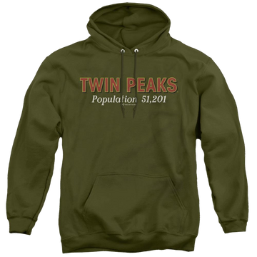 Military green pullover hoodie with Twin Peaks Population graphic