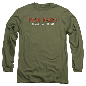 Military green men's long sleeve t-shirt with Twin Peaks Population graphic