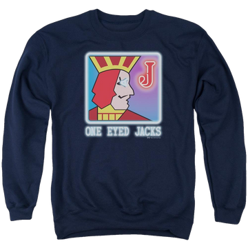 Navy men's crewneck sweatshirt with Twin Peaks One Eyed Jacks graphic