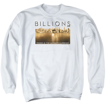 White men's crewneck sweatshirt with Billions Golden City graphic