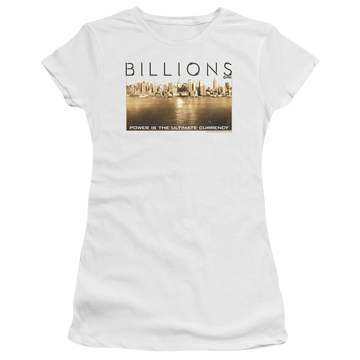 White juniors t-shirt with Billions Golden City graphic