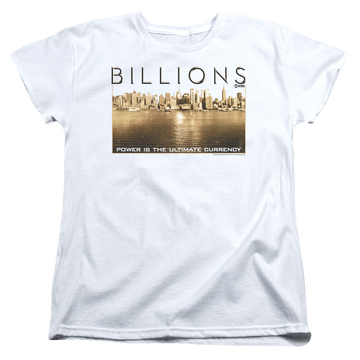 White women's t-shirt with Billions Golden City graphic