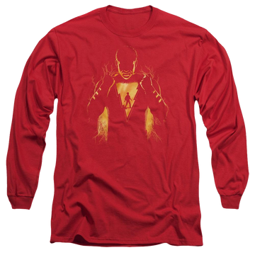 Red men's long sleeve t-shirt with Shazam Movie Whats Inside graphic