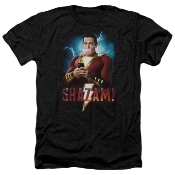 Charcoal men's heather t-shirt with Shazam Movie Blowing Up graphic