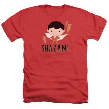 Red men's heather t-shirt with Movie Shazam Chibi graphic