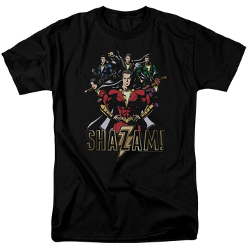 Black men's regular fit t-shirt with Shazam Movie Group Of Heroes graphic
