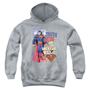 Athletic heather youth hoodie for ages 8 to 12 with Superman Truth Justice graphic