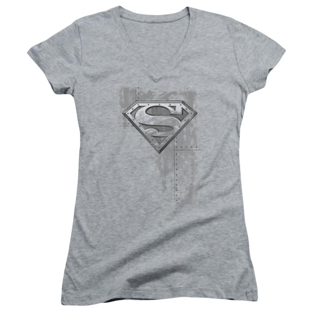 Superman Riveted Metal - Juniors V-Neck T-Shirt Juniors V-Neck T-Shirt Superman