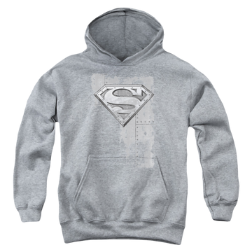 Athletic heather youth hoodie for ages 8 to 12 with Superman Riveted Metal graphic