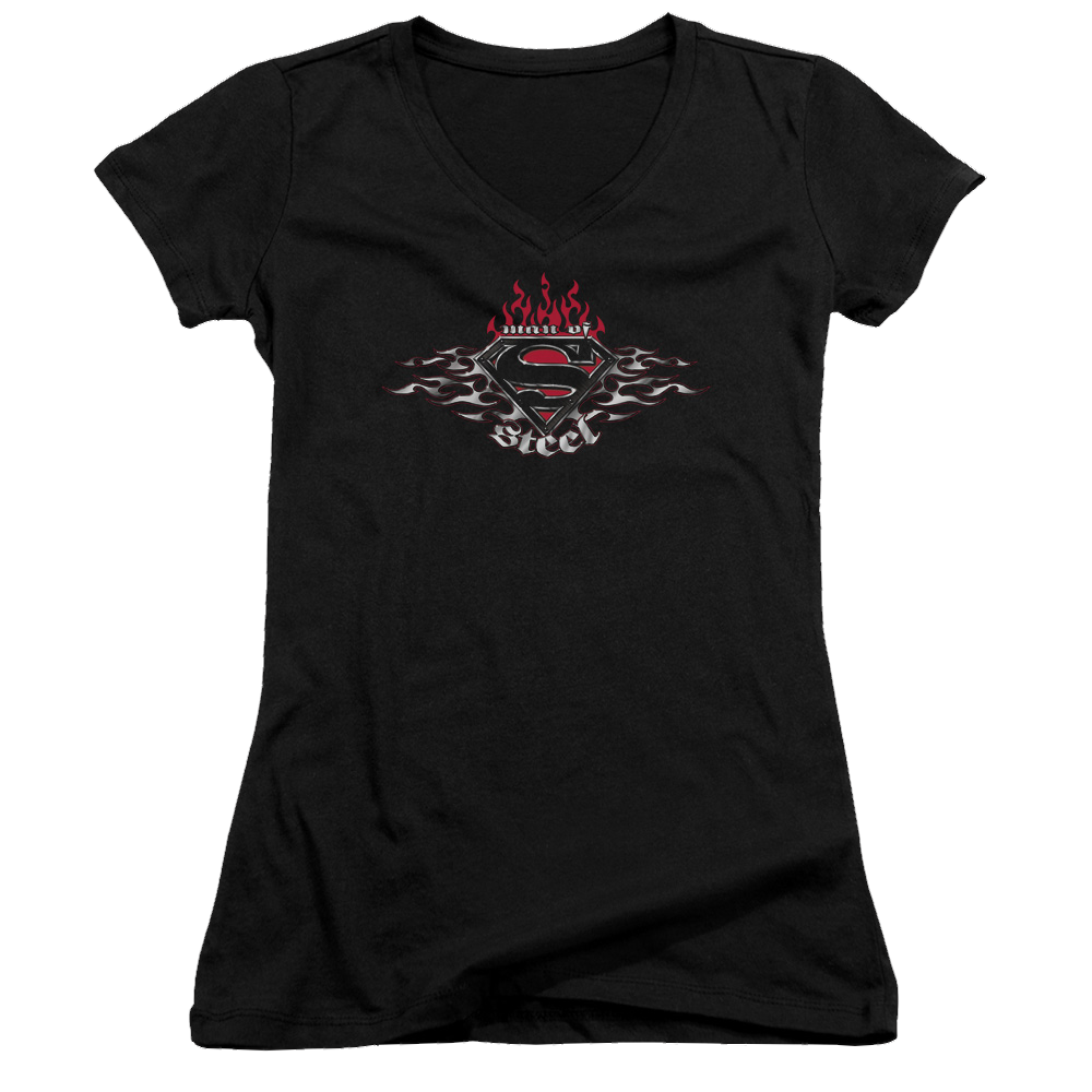 Superman Steel Flames Shield - Juniors V-Neck T-Shirt Juniors V-Neck T-Shirt Superman