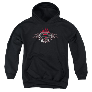 Black youth hoodie for ages 8 to 12 with Superman Steel Flames Shield graphic
