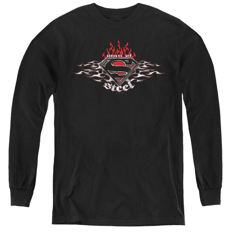 Superman Steel Flames Shield - Youth Long Sleeve T-Shirt Youth Long Sleeve T-Shirt Superman