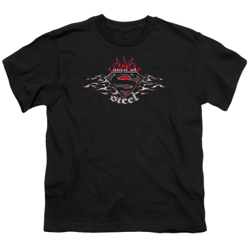 Black youth t-shirt for ages 8 to 12 with Superman Steel Flames Shield graphic