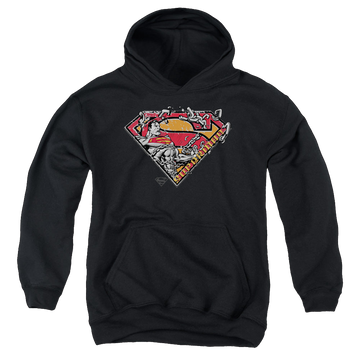 Black youth hoodie for ages 8 to 12 with Superman Breaking Chain Logo graphic