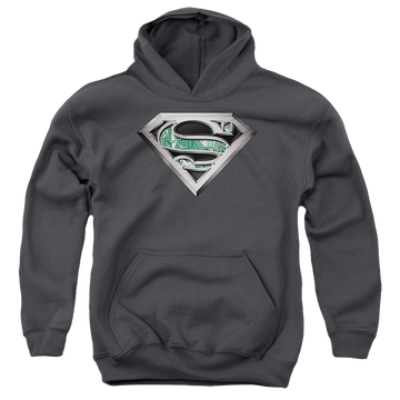 Charcoal youth hoodie for ages 8 to 12 with Superman Circuitry Logo graphic