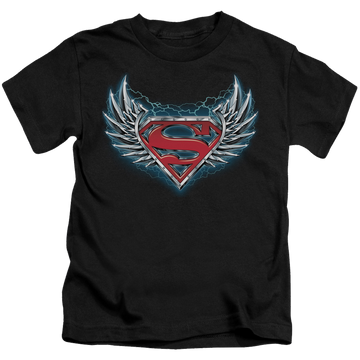 Black kid's t-shirt for ages 4 to 7 with Superman Steel Wings Logo graphic
