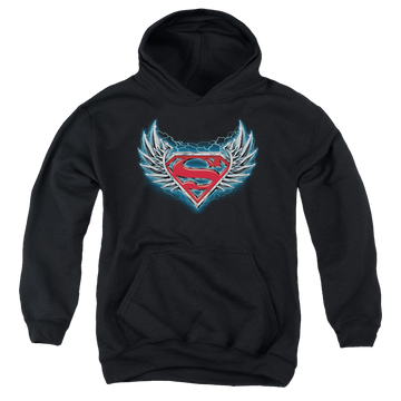 Black youth hoodie for ages 8 to 12 with Superman Steel Wings Logo graphic