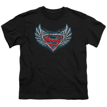 Black youth t-shirt for ages 8 to 12 with Superman Steel Wings Logo graphic