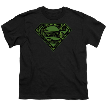 Black youth t-shirt for ages 8 to 12 with Superman Circuits Shield graphic